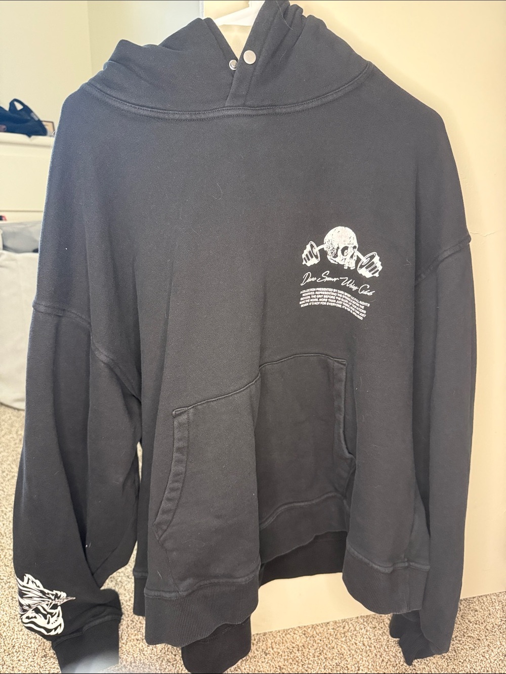 Darc Sport Black Crewneck Hoodie with White Skull Graphic